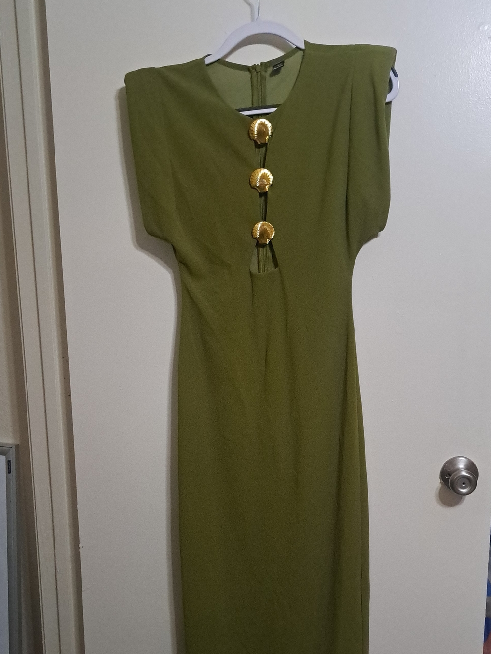 Olive Green Midi Dress with Gold Shell Buttons S